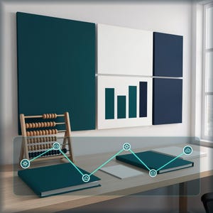 May include: A wooden abacus, two teal notebooks, and two white notebooks sit on a desk. On the wall are five rectangular panels in teal, white, and dark blue, with one white panel featuring a dark teal bar graph. A digital line chart overlay is visible.