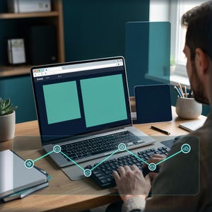 Op de afbeelding: Een zilveren laptop met een zwart toetsenbord staat op een houten bureau en toont een browservenster met twee groenblauwe vierkanten. Een digitale overlay toont een lijngrafiek met ronde iconen over het toetsenbordgedeelte.