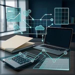 May include: A silver laptop, a calculator, and a beige folder on a dark desk, overlaid with glowing cyan digital graphics including a line graph, a grid, gears, a cloud icon, and interconnected nodes representing a data network system.