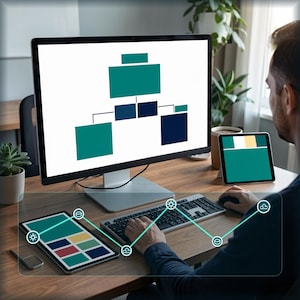 May include: A computer monitor displaying a teal and dark blue organizational chart, a tablet showing a teal and white interface, and a second tablet with a colorful grid, all connected by a digital line graphic with icons on a wooden desk.