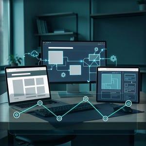 Op de afbeelding: Een desktopcomputeropstelling met een grote monitor, een laptop en een tablet, die allemaal digitale wireframe-diagrammen en interface-lay-outs weergeven. Een gloeiende cyaan lijn verbindt de apparaten over het bureauoppervlak.