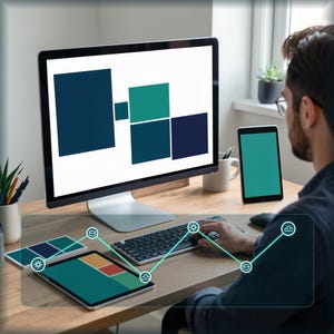 May include: A computer monitor displaying a white screen with five coloured rectangles in shades of blue and green, a tablet with a green screen, a keyboard, and a digital overlay graphic with icons connected by lines on a wooden desk.