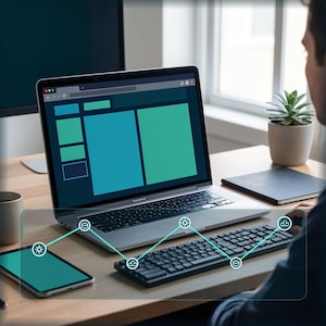 Puede incluir: Un portátil plateado con una pantalla oscura que muestra una interfaz azul y verde azulado, colocado sobre un escritorio de madera junto a un teclado negro, un teléfono inteligente con pantalla verde azulado, una suculenta y un cuaderno negro.