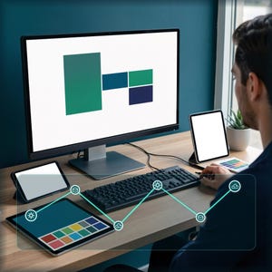 May include: A computer monitor displaying a graphic with a large green rectangle, a smaller blue rectangle, and two smaller green and dark blue squares. A keyboard, two tablets, and a colour palette are arranged on a wooden desk surface.