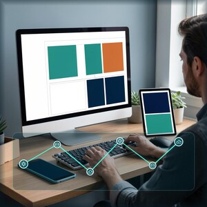 May include: A computer monitor displaying a grid of teal, orange, white, and dark blue rectangles, a tablet showing a dark blue and teal split screen, a smartphone, and a keyboard on a wooden desk with a digital overlay of connected icons.