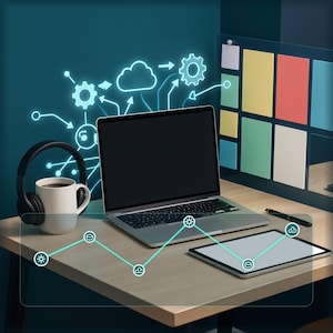 May include: A silver laptop, a white ceramic mug, black headphones, a tablet, and a black pen on a light wood desk. A glowing blue digital graphic overlay features icons of clouds, gears, and suns connected by lines above the devices.