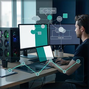 May include: A workstation featuring a desktop computer tower with illuminated fans, two monitors, and a laptop displaying teal and white graphics. A digital overlay shows interconnected nodes, cloud icons, and sun symbols across the screens and desk.