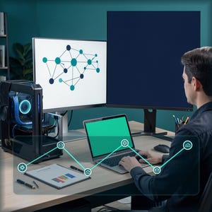 Puede incluir: Una estación de trabajo informática con una torre de escritorio con iluminación interna azul, dos monitores grandes y un portátil. Un monitor muestra un diagrama de red de nodos conectados. Un documento con un gráfico de barras y bolígrafos.