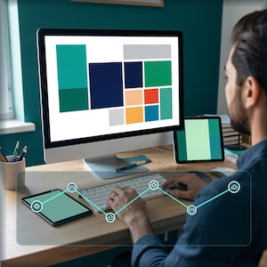 Op de afbeelding: Een computermonitor toont een raster van rechthoekige blokken in tinten blauwgroen, marineblauw, grijs, perzik en rood. Een tablet, een toetsenbord en een beker met pennen staan op een houten bureau. Een digitale overlay toont een lijngrafiek met ronde iconen.