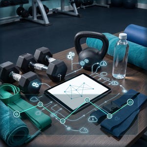 May include: A black kettlebell, two hexagonal dumbbells, a clear water bottle, a tablet displaying a geometric network diagram, green resistance bands, and blue towels. The tablet screen features glowing icons connected by lines and nodes.