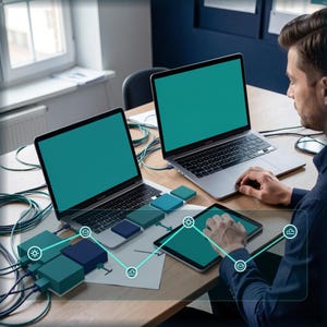 May include: Two silver laptops and a tablet with blank teal screens arranged on a wooden desk. A network of teal cables connects the devices to several square teal blocks. A digital overlay shows a line graph with icons connecting the devices.