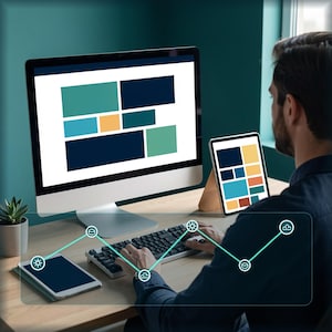 May include: A desktop computer monitor and a tablet displaying a grid of colourful rectangular blocks in shades of teal, navy, and yellow. A keyboard sits on the desk, and a digital graphic overlay shows a line graph with circular icons.
