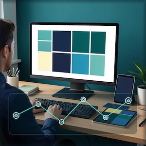 May include: A computer monitor displays a grid of eight rectangular color swatches in shades of teal, navy, and pale yellow. A black keyboard, a tablet, and a stylus sit on a wooden desk, with a digital overlay showing a connected line graph.