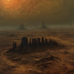 May include: A digital painting of a vast, arid desert landscape under a hazy, golden sun. The scene features dark, jagged rock formations rising from the flat, dusty ground, with a winding dirt path cutting through the terrain toward distant spires.