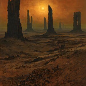 Könnte beinhalten: Eine öde Landschaft mit hohen, gezackten Felsformationen, die aus rissiger, karger Erde unter einem dunstigen orangefarbenen Himmel mit einer hellen Sonne aufragen. Das Gelände besteht aus dunklem, unebenem Boden mit verstreuten Trümmern.