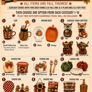 May include: A Sunny Scoops Gift Shop informational graphic titled Build Your Box With Me featuring a fall theme. The image displays ten categories of kitchen and home items including cups, spoon rests, animal figurines, and decor with autumn motifs.
