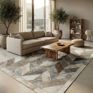 May include: A rectangular area rug featuring a geometric chevron pattern composed of stitched panels in shades of gray, brown, beige, and white. The rug has a textured surface with visible seams between the individual pieces of material.
