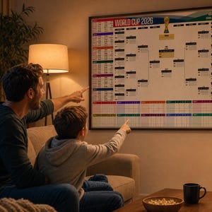 Può includere: Un grande poster rettangolare da parete intitolato World Cup 2026 con un tabellone del torneo, programmi delle partite e tabelle dei gruppi codificate a colori. Il poster bianco presenta testo nero, un'icona a trofeo e una griglia di gioco.