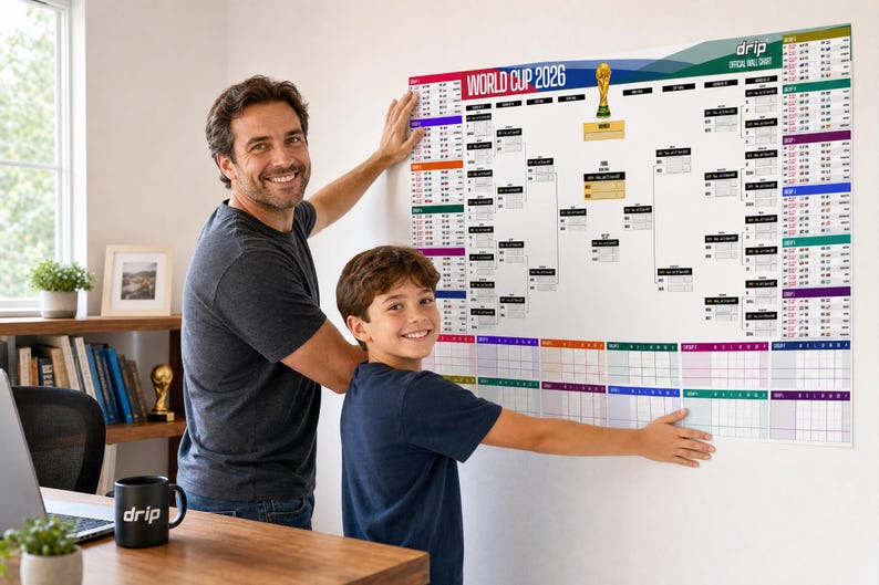 K&ouml;nnte beinhalten: Ein gro&szlig;es wei&szlig;es Wandplakat f&uuml;r die Weltmeisterschaft 2026 mit einem Turnierbaum, der Abbildung des offiziellen Pokals und farbcodierten Bereichen f&uuml;r Spielpl&auml;ne. Das Plakat enth&auml;lt den Text World Cup 2026 sowie drip official wall chart.