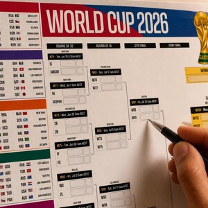 K&ouml;nnte beinhalten: Ein wei&szlig;es Wandplakat f&uuml;r die Weltmeisterschaft 2026 mit farbcodierten Gruppenphasen, einem K.-o.-System und einer goldenen Pokalabbildung. Das Plakat zeigt Spielpl&auml;ne, Daten, Uhrzeiten und L&auml;nderflaggen f&uuml;r die Gruppen A, B, C und D.