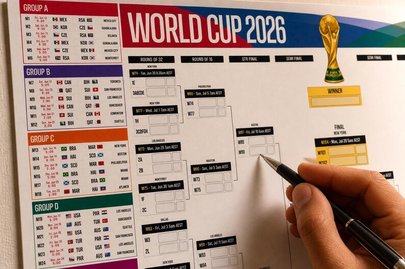 K&ouml;nnte beinhalten: Ein wei&szlig;es Wandplakat f&uuml;r die Weltmeisterschaft 2026 mit farbcodierten Gruppenphasen, einem K.-o.-System und einer goldenen Pokalabbildung. Das Plakat zeigt Spielpl&auml;ne, Daten, Uhrzeiten und L&auml;nderflaggen f&uuml;r die Gruppen A, B, C und D.