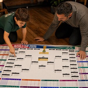 K&ouml;nnte beinhalten: Ein gro&szlig;es, wei&szlig;es, offizielles Wandplakat zur Weltmeisterschaft 2026 mit einem Turnierbaum, Gruppentabellen mit farbigen Kopfzeilen und einer goldenen Troph&auml;engrafik in der Mitte. Das Plakat enth&auml;lt den Text World Cup 2026 und drip.