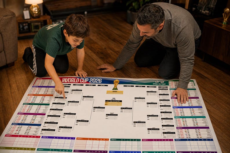 K&ouml;nnte beinhalten: Ein gro&szlig;es, wei&szlig;es, offizielles Wandplakat zur Weltmeisterschaft 2026 mit einem Turnierbaum, Gruppentabellen mit farbigen Kopfzeilen und einer goldenen Troph&auml;engrafik in der Mitte. Das Plakat enth&auml;lt den Text World Cup 2026 und drip.