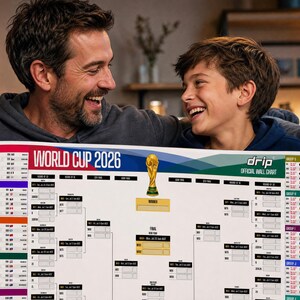 K&ouml;nnte beinhalten: Ein wei&szlig;es World Cup 2026 Wandplakat mit einem Turnierbaum, der offiziellen Troph&auml;engrafik und Gruppenphasen-Auflistungen. Das Poster enth&auml;lt den Text World Cup 2026 und drip official wall chart mit farbigen Abschnitten f&uuml;r die Gruppen A bis L.