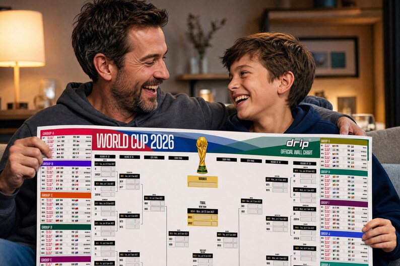 K&ouml;nnte beinhalten: Ein wei&szlig;es World Cup 2026 Wandplakat mit einem Turnierbaum, der offiziellen Troph&auml;engrafik und Gruppenphasen-Auflistungen. Das Poster enth&auml;lt den Text World Cup 2026 und drip official wall chart mit farbigen Abschnitten f&uuml;r die Gruppen A bis L.