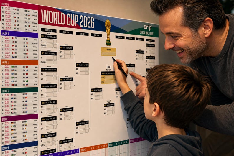 K&ouml;nnte beinhalten: Ein wei&szlig;es offizielles Wandplakat zur Fu&szlig;ball-Weltmeisterschaft 2026 mit einem Turnierbaum, farbcodierten Gruppenabschnitten, einer goldenen Pokalgrafik und leeren Feldern f&uuml;r Spielergebnisse sowie Informationen zu den einzelnen Spielrunden.