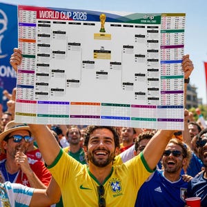 K&ouml;nnte beinhalten: Ein rechteckiges wei&szlig;es World Cup 2026 official wall chart Poster mit einem Turnierbaum, Spielpl&auml;nen und einer goldenen Troph&auml;engrafik oben. Das Poster enth&auml;lt den Text World Cup 2026 und drip official wall chart in schwarzer Schrift.