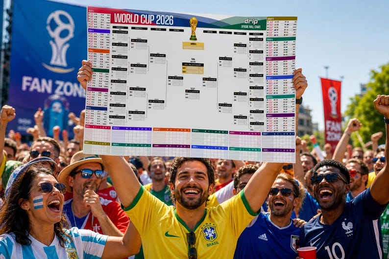 K&ouml;nnte beinhalten: Ein rechteckiges wei&szlig;es World Cup 2026 official wall chart Poster mit einem Turnierbaum, Spielpl&auml;nen und einer goldenen Troph&auml;engrafik oben. Das Poster enth&auml;lt den Text World Cup 2026 und drip official wall chart in schwarzer Schrift.
