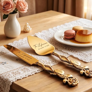 May include: A gold-toned cake knife and server set featuring handles sculpted into rose stems with leaves and blossoms. The blades are engraved with the text The Lyossians November 10 2024. The set is placed on a white lace runner next to a plate of desserts.