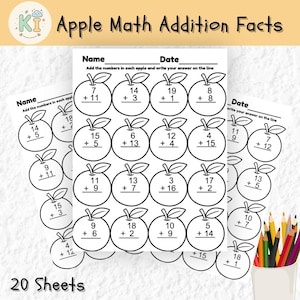 May include: A set of 20 Apple Math Addition Facts worksheets featuring black and white line art of apples. Each apple contains a unique addition problem with two numbers to add. The top of the page includes spaces for a name and date.