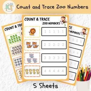 May include: Three educational worksheets titled Count and Trace Zoo Numbers featuring illustrations of lions, tigers, elephants, and giraffes. Each sheet includes rows of animals to count and corresponding numbers to trace from one to eight.