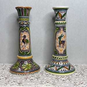 Vintage Coimbra Hand-Painted Candlesticks Pair: Bird, Deer Majolica Candle Holders