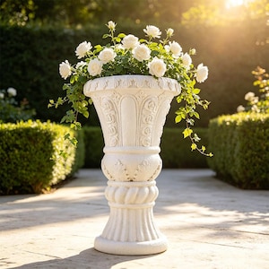 Vintage Roman‑Style Urn Planter, Resin White Rose Carved Flower Pot, Decorative Vase for Outdoor Garden Patio Porch Entryway Yard Home Decor