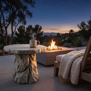 May include: A round stone side table with a textured, rock-like base and a smooth top, holding a steaming ceramic mug. Beside it sits a wooden lounge chair draped with a thick, cream-colored knit blanket, positioned near a square concrete fire pit.