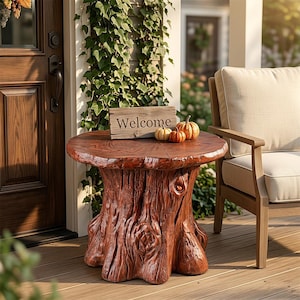 May include: A round side table with a base sculpted to resemble a natural tree stump in a rich brown finish. Resting on the tabletop is a rectangular wooden sign with the word Welcome engraved and three small orange and yellow pumpkins.