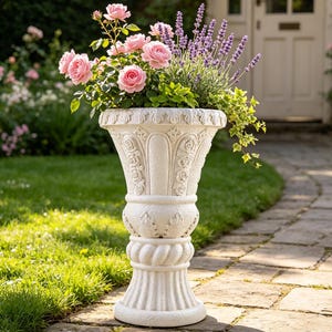 Large Tall Decorative Plant Pot 42cm,White Roman Style Flower Urn, Indoor Entryway & Outdoor Garden Decor,