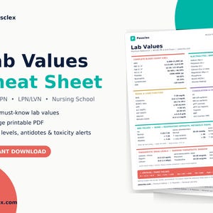 Nursing Lab Values Cheat Sheet | Nclex-pn Study Guide | LPN LVN Printable PDF | Nursing School Notes | Lab Values Reference Card Download