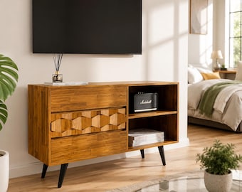 Mid Century TV Stand Walnut Entertainment Center Geometric Media Console