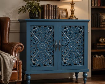 Vintage Blue Carved Accent Cabinet Antique Sideboard Storage Buffet Cabinet