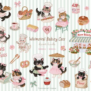以下が含まれることがあります： パン屋の猫のイラストが描かれたデジタルクリップアートセット。シェフの帽子をかぶった猫、調理器具、ペストリー、パン屋の店構え、およびWhimsical Bakery Cats、Paws & Pastries、3000PX - 300DPI、Fresh Bakedというテキストが含まれています。