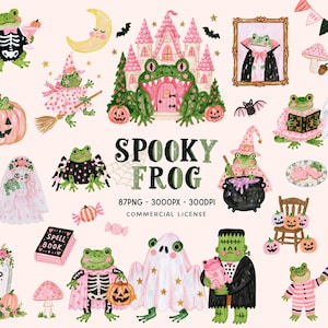 May include: A digital collection of watercolor illustrations featuring frogs in various Halloween costumes, including ghosts, skeletons, and vampires, alongside a pink castle, pumpkins, a spell book, and the text SPOOKY FROG 87PNG 3000PX 300DPI.
