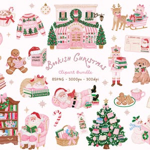 May include: A digital clipart bundle titled Bookish Christmas featuring illustrations of a bookstore, Santa Claus, a nutcracker, a teddy bear, a gingerbread person, a cat, a dog, a snowman, a Christmas tree, books, and holiday decorations in pink and green.