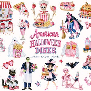 Könnte beinhalten: Eine Sammlung von Aquarellillustrationen zum Thema American Halloween Diner. Die Elemente umfassen eine Retro-Diner-Theke, einen Skelett-Koch, einen Vampir auf Rollschuhen, ein Gespenst mit Pommes frites, eine rosa College-Jacke und den Schriftzug American Halloween Diner.