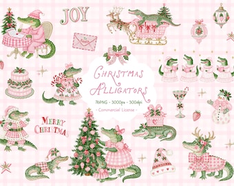 Paquete de imágenes prediseñadas de caimanes navideños rosas, imágenes PNG navideñas coquetas para artesanos, cocodrilo en acuarela, descarga digital.