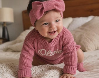 Hand Embroidered Name Baby Romper Set,  Baby Girl Romper, Coming Home, Organic Cotton Knit, Gender Neutral, Baby Shower Gift