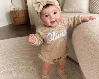 Hand Embroidered Name Baby Romper Set, Personalized Outfit, Baby Girl Romper, Coming Home, Organic Cotton Knit,  Baby Shower Gift